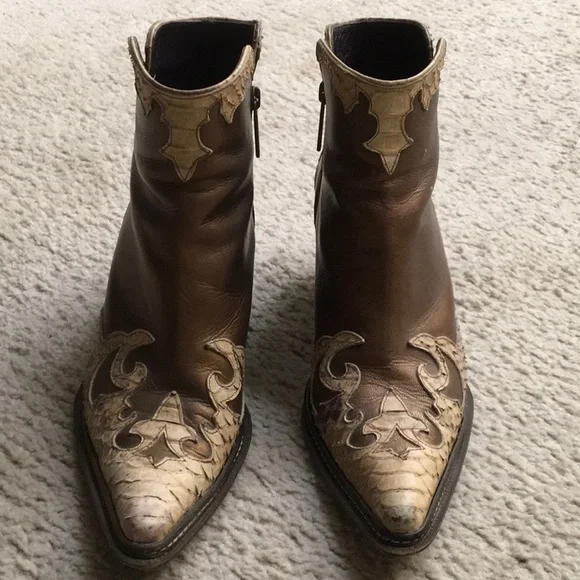 DJP/BRONZE METALLIC & TANw SNAKESKIN ANKLE BOOTS - Picture 3 of 8